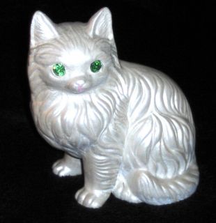 vtg WHITE angora CAT figurine RAGDOLL MAINE coon KITTEN green 