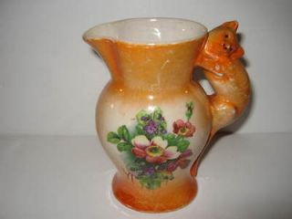   Creamer Pitcher Czechoslovakia Cat Handle Flowers Pottery Ceramic