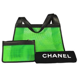 Authentic CHANEL Logos Hand Bag Mesh Nylon Green Black CC Vintage 