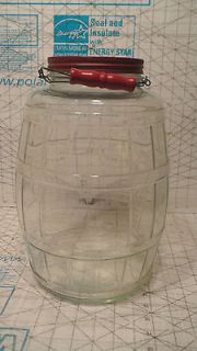 VINTAGE glass BARREL pickle JAR 2 1/2 gallon wire BAIL/WOODEN handle