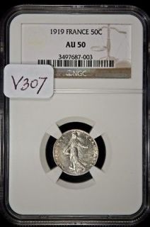1919 Silver .835 France 50 Centimes NGC AU 50 V307