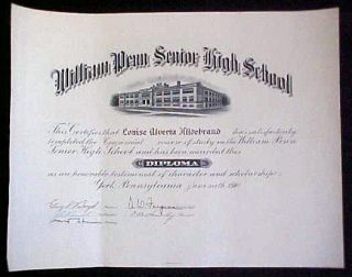 1940 Lg Diploma William Penn Senior High School York,PA