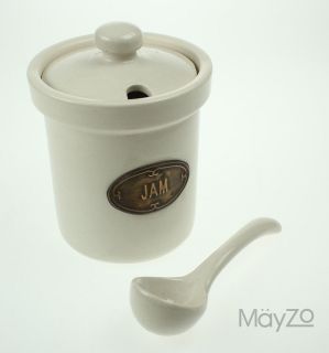 Beige Pottery Lidded Jam Jar & Spoon Ceramic Pot Labelled Vintage 