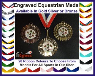 ENGRAVED EQUESTRIAN HORSE SHOW JUMPING ROSETTE MEDAL WITH RIBBON 