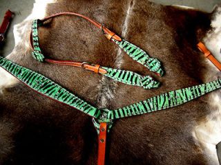 HORSE BRIDLE BREAST COLLAR WESTERN LEATHER HEADSTALL LIME GREEN ZEBRA 