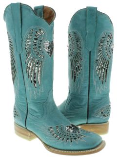 WOMENS LADIES TURQUOISE LEATHER SEQUINS SQUARE COWBOY BOOTS WESTERN 