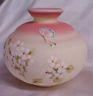 Fenton Art Glass Hand Painted Butterfly Hydrangea on Burmese Vase