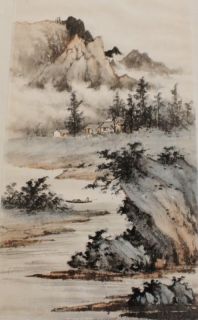   CHINESE MOUNTAINOUS LANDSCAPE WITH LAKE BOAT HUTS SCROLL PAINTING