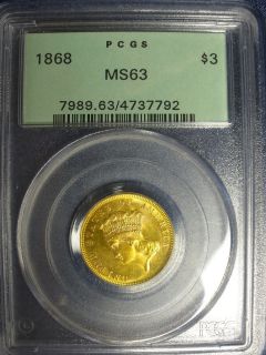 1868 ms63 INDIAN PRINCESS GOLD COIN $3 PCGS MS63 RARE INDIAN