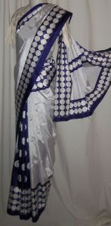 Navy White Sari Indian Saree Fabric Belly Dance Bollywood Drapes