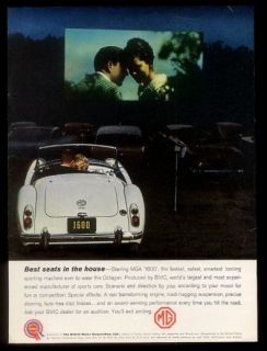 1961 MG M.G. MGA 1600 car at drive iin movie theatre vintage print ad