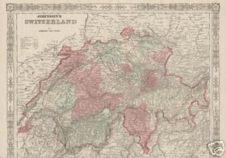Switzerland Map Hand Colored Original Vintage 1867 by Johnson and Ward 