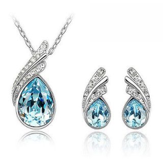 Stylish Jewellery Set Sky Blue Crystal Wings Studs Earrings & Necklace 