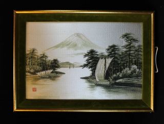Unique Vintage Japanese Embroidered, silk painting of Mt Fuji, fishing 