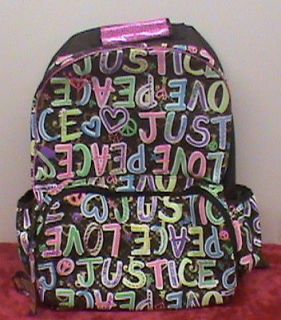 NWT JUSTICE BROWN & NEON MULTI COLOR PEACE LOVE BACKPACK BOOKBAG BACK 