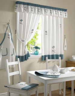   MODERN TEAL IVORY EMBROIDERED FLORAL KITCHEN CURTAINS AND ACCESSORIES