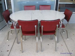   MID CENTURY MODERN ART DECO CHROME FORMICA TABLE w/6 CHAIRS & LEAF