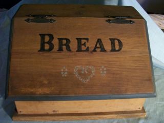 Large Hinged Wood/Wooden Bread Box Hand Made Heart/Flowers
