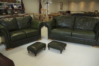 Very Nice Pair of Green Leather Sofas 2 & 3 Seater