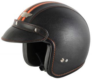   LE Open Face Motorcycle Motorbike Scooter Leather Helmet Black/Orange