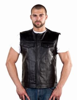 Mens Conceal Leather Motorcycle Biker Club Outlaw Vest No Collar Bay 