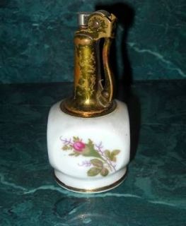 Vintage Decorative Brass Japanese Lighter w/ Floral Ceramic Holder