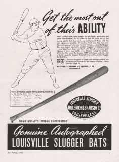 Vintage 1940 LOUISVILLE SLUGGER BASEBALL BATS Print Ad