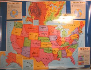WORLD AND UNITED STATES pull down school map by CRAM, two layers, 66 x 