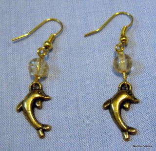 GOLD TONE DOLPHIN FISH DANGLE EARRINGS W/CZECH CRACKLE GLASS BEAD BY 