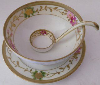 ANTIQUE Nippon Hand Painted Mayonnaise Bowl, Plate & Ladle w gold gilt 