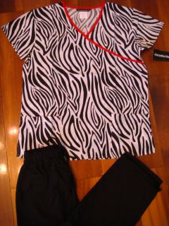   Zebra Print Wrap Red Trim Scrubs Set Medical Nurses Uniform S   3XL