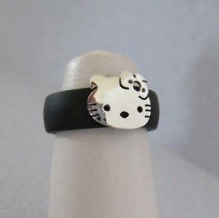 Taxco Mexican 925 Silver Shiny HELLO KITTY Black RUBBER Ring Size to 