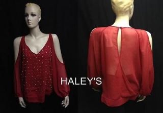 New Sugar Lips Size Large Sheer Red Blouse Top Rhinestone Beaded 