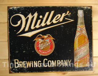 Miller Brewing Company TIN SIGN vtg bottle beer bar rustic metal wall 