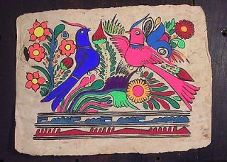Southwestern or Mexican Folk Art Painting Bright Birds on Tree Bark 