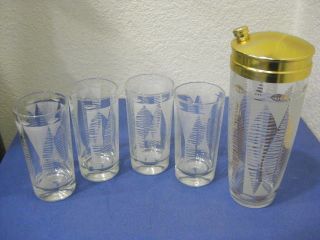 vtg Set Glass Atomic /Modern 60s Cocktail Shaker w/ 4 Matching Glasses
