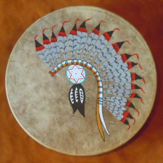 Native American 18 Taos Drum, Cowhide Circular Headdres Drum, Shamans 