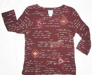 Womens Lara Lane Brown Knit Top with French Writing & Embroidery Size 
