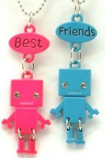 New Best Friend Robot Charm 2 Pendant 2 Necklace Blue Pink Friendship 
