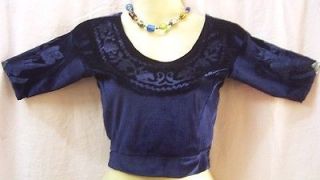 Navy Blue Velvet Blouse Belly Dance Dancing Stretchy Top Sari Clothes 
