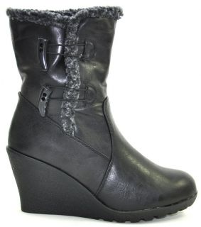   WOMENS BLACK FAUX LEATHER SIDE BUTTON ANKLE WEDGE HEELS BOOTS SIZE 3 8