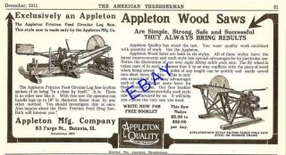 1911 APPLETON CIRCULAR LOG SAW MILL AD BATAVIA ILLINOIS