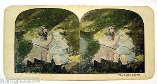 ANTIQUE OLD PHOTOGRAPHIC IMAGE THE LITTLE LOVERS STEREOSCOPE CARD 