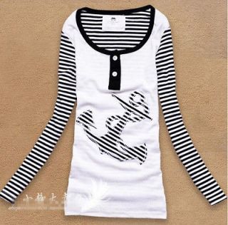 New Womens Long Sleeve T shirt Tees Tops Casual Anchor Stripe Lovely 