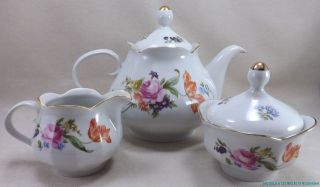 CM20 JLMENAU GDR PORCELAIN TEA SET TEA POT CREAMER AND SUGAR FLORAL 