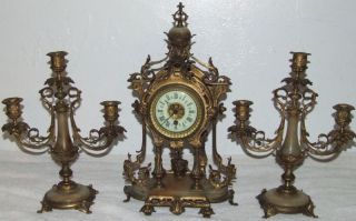 Antique Working LENZKIRCH Gothic Victorian Clock & Candelabra Set c 