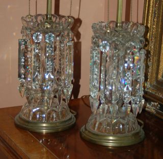 Elegant Vintage Cut Crystal Mantle Luster Lustre Table Lamps, Pair