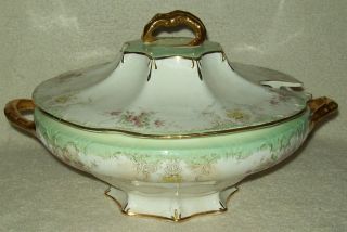 Antique Goodwin Pottery Large Soup Tureen White/Green/Go​ld/Floral 