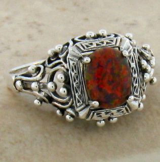 ORANGE FIRE OPAL ANTIQUE VICTORIAN STYLE .925 STERLING SILVER RING 