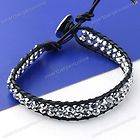   Silver Tone Crystal Glass Beads Black Leather Wrap Rope Bracelet Gift